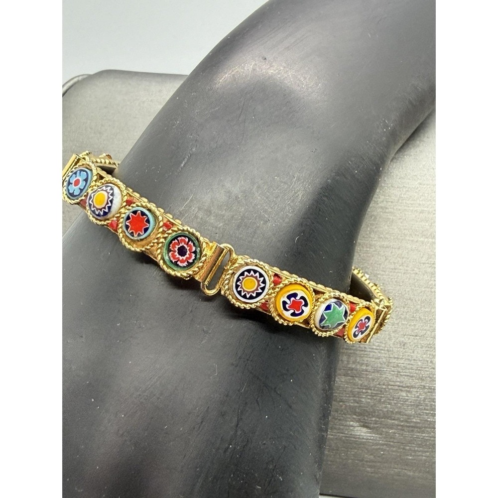 Vintage Micro Mosaic Millefiori Panel Gold Tone Bracelet Multi Color Sz 6